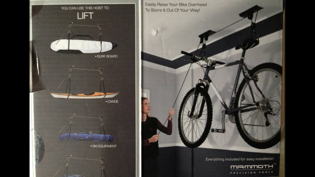 Easy Installation Ceiling Bike Lift lets you store your bike overhead, one minute storage Creative storage for a bicycle, surf board, canoe, ski equipment on the ...