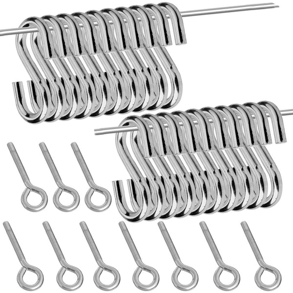 FineGood 20 Pieces S Shaped Stainless Steel Hooks with 10 Pcs M6-40 Zinc Finish Thread Eyebolts, Heavy Duty Hangers for Kitchen Garage Office Bedroom Outdoor Hanging Pot Pan Plant Utensil Towel