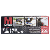 Mann Ratchet Tie Downs Straps 6-Pack with S-hooks 1-Inch x 15-Feet 500 Lbs Load Cap - 1500 Lb Break Strength (Red)