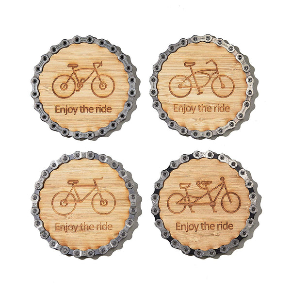 Resource Revival - Bike Chain & Bamboo Bicycle-Themed Coasters | Eco-friendly Rustic Modern Coaster Created for the Adventurer - Set of 4